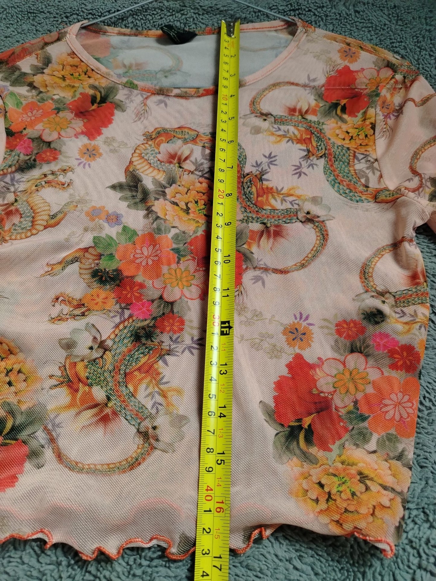 Pre-Loved Top Womens S Floral Snake Print Sheer Long Sleeve Crop Lettuce Hem Pink