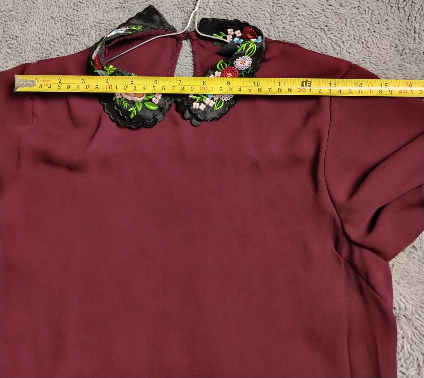 New Look Blouse Womens UK 8 Burgundy Embroidered Peter Pan Collar Ruffle Sleeve