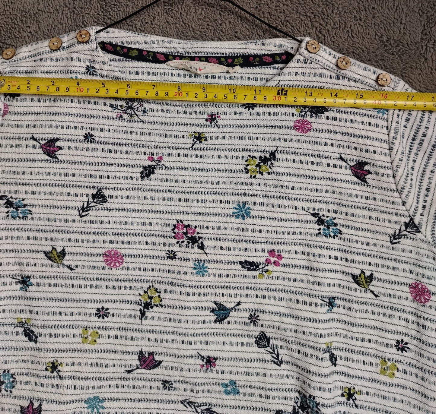 Pre-Loved Country Rose Long Sleeve Jumper Women's M Cotton Stripe Floral Button White Crew